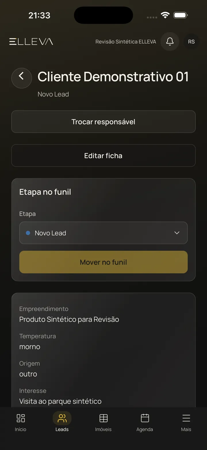 Ficha de lead no aplicativo ELLEVA