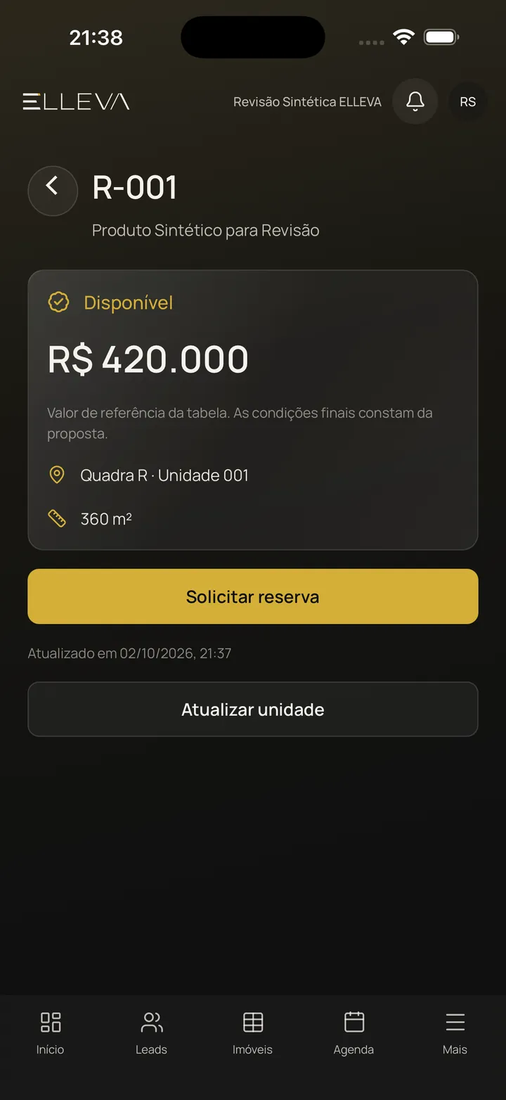 Unidade e reserva no aplicativo ELLEVA