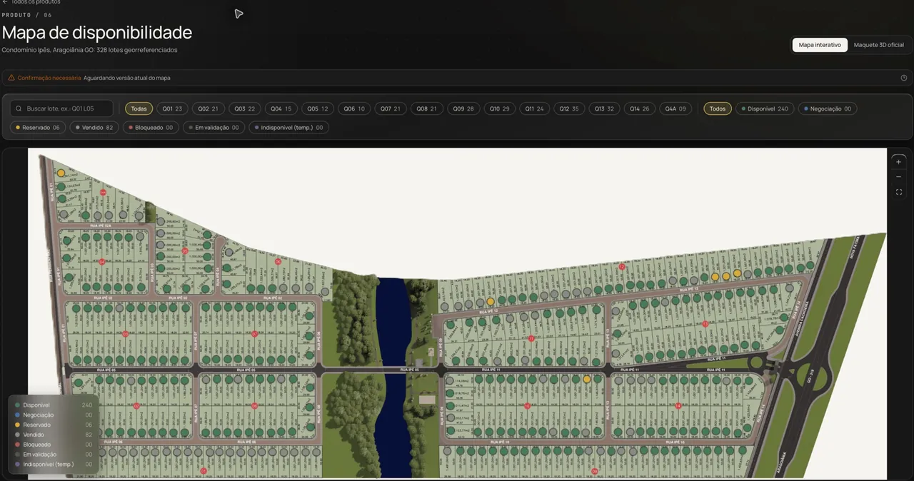 Captura real do mapa do Condomínio Ipês na plataforma ELLEVA em modo escuro
